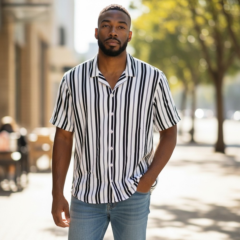 PacSun Mens Vertical Stripe Rayon Button Down‎ Shirt Black White L Coastal Boho